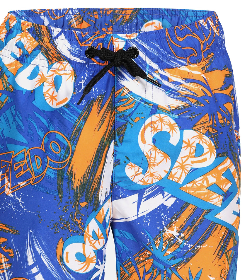 Boy's 100% Polyester Mpin Fun Printed Leisure Watershorts - Deep Peri & Fluo Orange