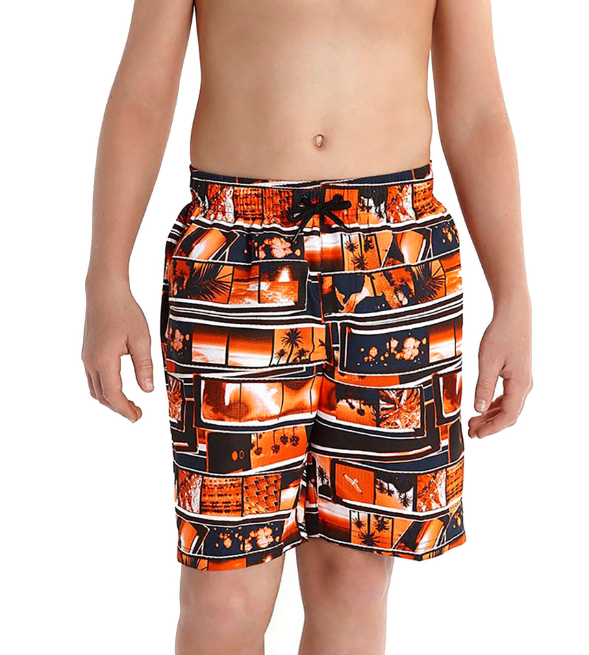 Boy's Polyester Shanty Town Printed Leisure Watershorts - Navy,Peel & Fluo Orange