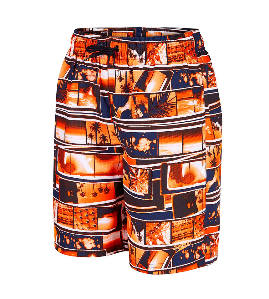 Boy's Polyester Shanty Town Printed Leisure Watershorts - Navy,Peel & Fluo Orange