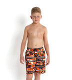 Boy's Polyester Shanty Town Printed Leisure Watershorts - Navy,Peel & Fluo Orange