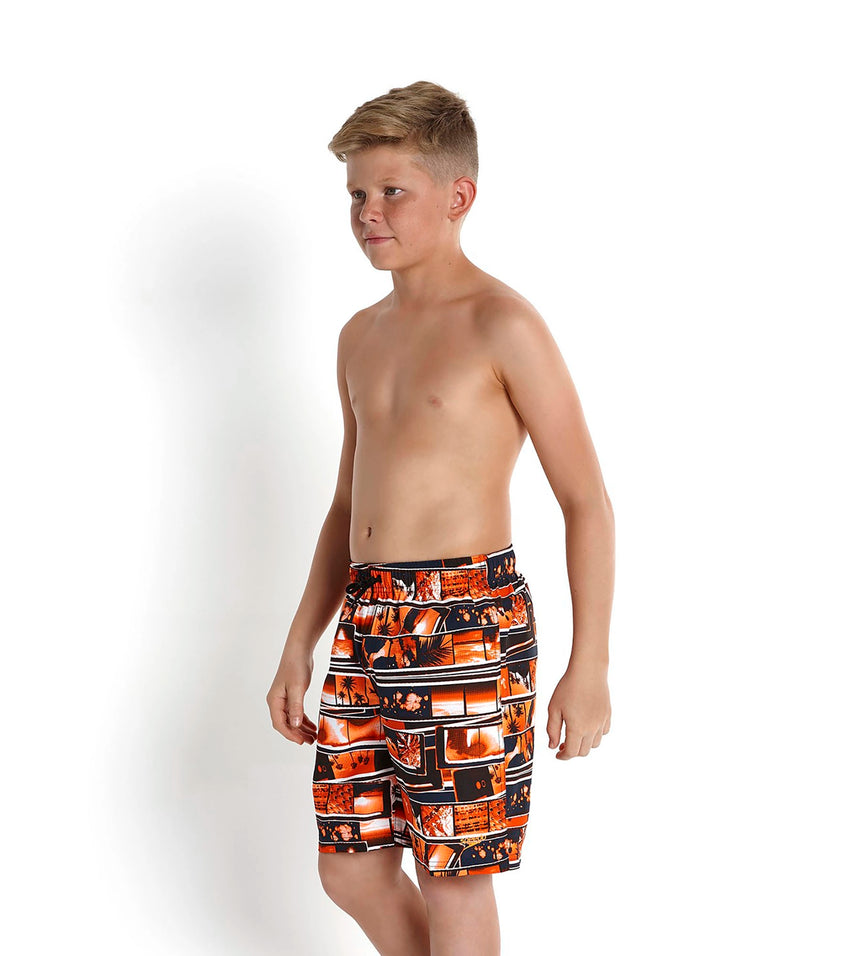 Boy's Polyester Shanty Town Printed Leisure Watershorts - Navy,Peel & Fluo Orange