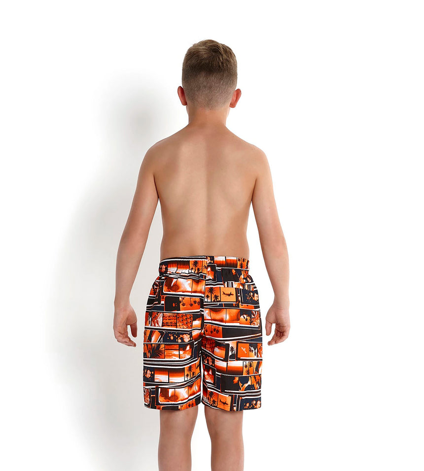 Boy's Polyester Shanty Town Printed Leisure Watershorts - Navy,Peel & Fluo Orange