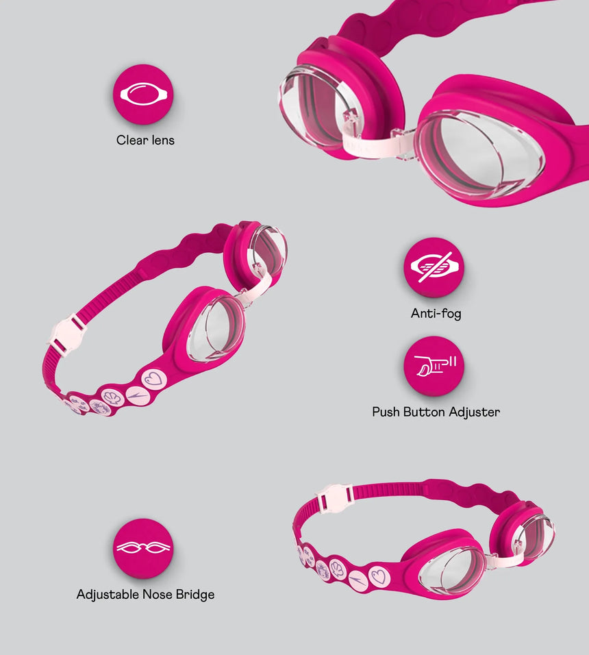 Kids Sea Squad Spot Anti Fog Clear Lens Swim Goggles For Tots (Age Range - 3-6 Years) - Blossom, Electric Pink & Clear