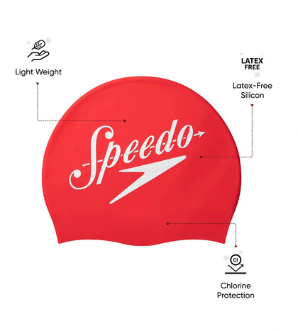Unisex Logo Printed Silicone Swim Cap For Men and Women - Red & White
