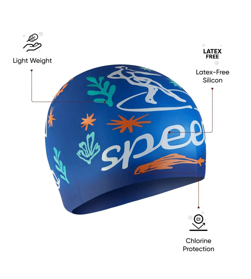 Unisex Kids Surfing Slogan Print Swim Cap For Boys and Girls - Blue & White