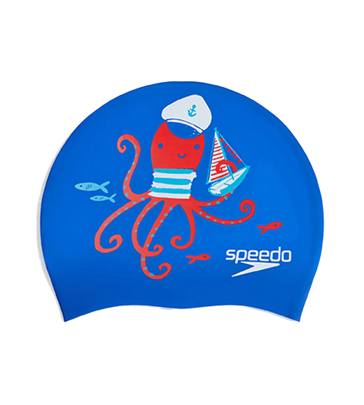 Unisex Kids Octopus Slogan Print Swim Cap For Boys and Girls - Blue & Red