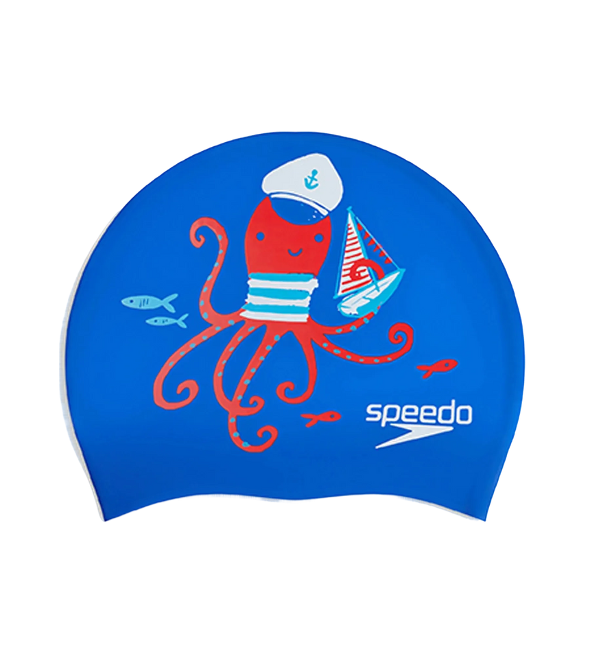 Unisex Kids Octopus Slogan Print Swim Cap For Boys and Girls - Blue & Red