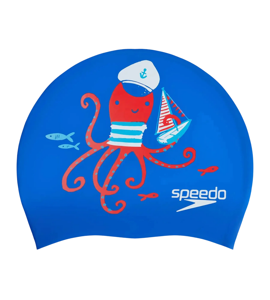 Unisex Kids Octopus Slogan Print Swim Cap For Boys and Girls - Blue & Red