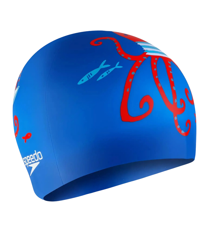 Unisex Kids Octopus Slogan Print Swim Cap For Boys and Girls - Blue & Red