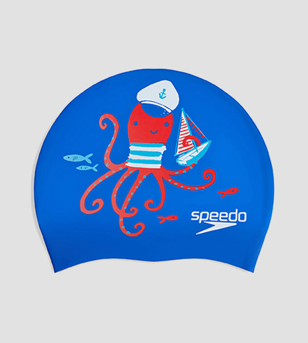 Unisex Kids Octopus Slogan Print Swim Cap For Boys and Girls - Blue & Red