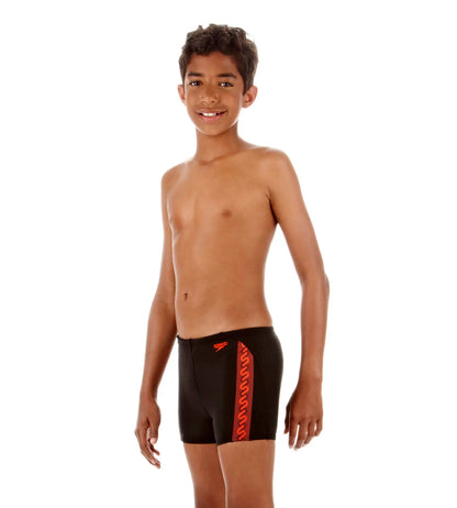 Boys Nylon Monogram Aquashort - Black & Hot Orange