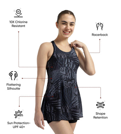 Women's Endurance10 Printed Racerback Swimdress With Boyleg - Anthracite, Grey Lead & Black