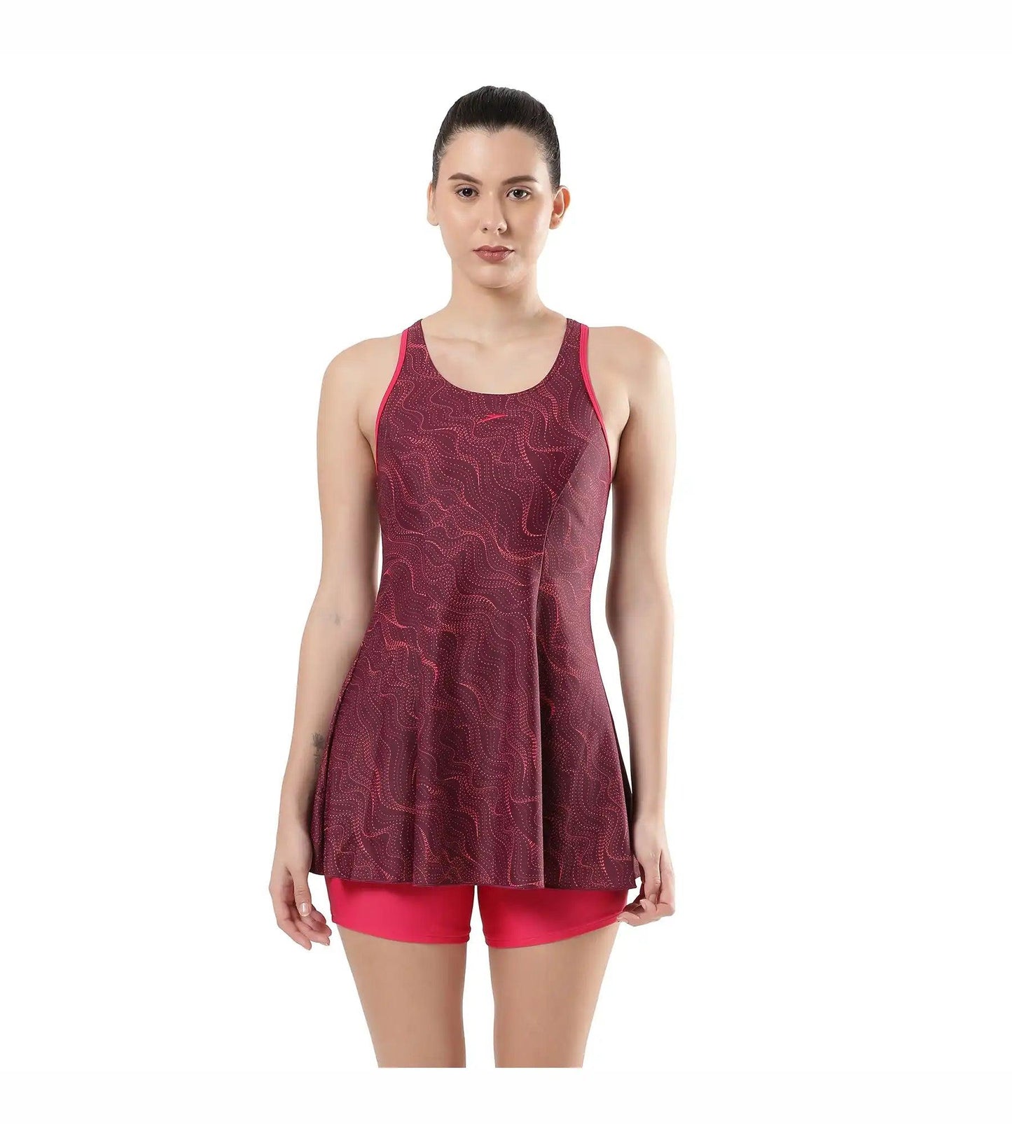 Women's Endurance Printed Racerback Swimdress With Boyleg - Deep Plum & Cherry_7