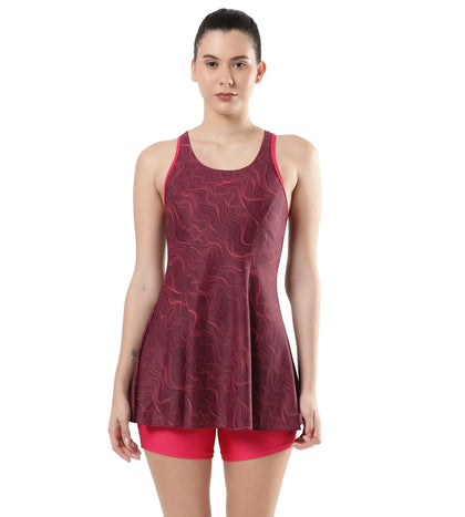 Women's Endurance Printed Racerback Swimdress With Boyleg - Deep Plum & Cherry_1