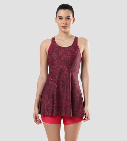 Women's Endurance Printed Racerback Swimdress With Boyleg - Deep Plum & Cherry