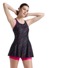 Women's Endurance 10 Hyperboom Printed Racerback Swimdress With Boyleg - Black & Electric Pink