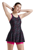 Women's Endurance 10 Hyperboom Printed Racerback Swimdress With Boyleg - Black & Electric Pink