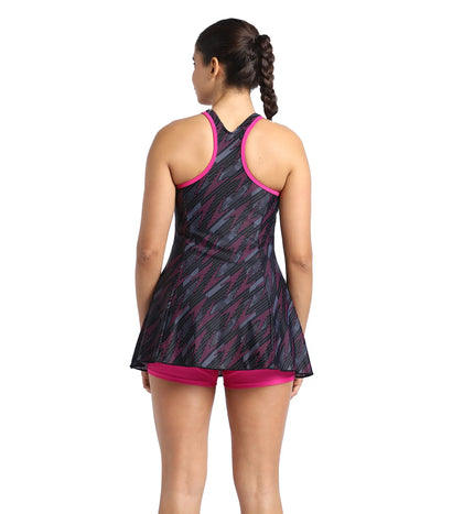 Women's Endurance Hyperboom Printed Racerback Swimdress With Boyleg - Black  &  Electric Pink_4