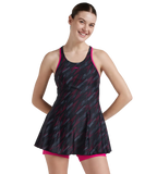 Women's Endurance 10 Hyperboom Printed Racerback Swimdress With Boyleg - Black & Electric Pink