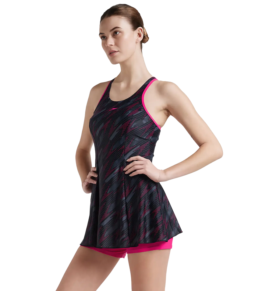 Women's Endurance 10 Hyperboom Printed Racerback Swimdress With Boyleg - Black & Electric Pink