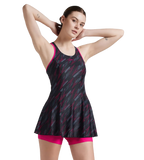 Women's Endurance 10 Hyperboom Printed Racerback Swimdress With Boyleg - Black & Electric Pink