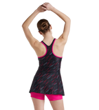 Women's Endurance 10 Hyperboom Printed Racerback Swimdress With Boyleg - Black & Electric Pink