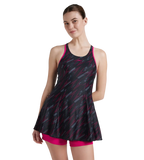 Women's Endurance 10 Hyperboom Printed Racerback Swimdress With Boyleg - Black & Electric Pink