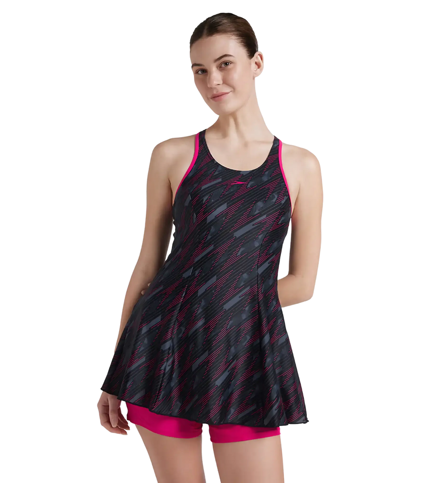 Women's Endurance 10 Hyperboom Printed Racerback Swimdress With Boyleg - Black & Electric Pink