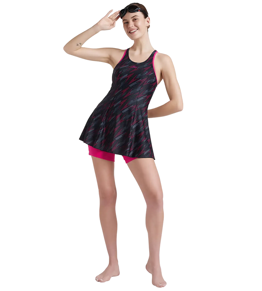 Women's Endurance 10 Hyperboom Printed Racerback Swimdress With Boyleg - Black & Electric Pink