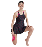Women's Endurance 10 Hyperboom Printed Racerback Swimdress With Boyleg - Black & Electric Pink