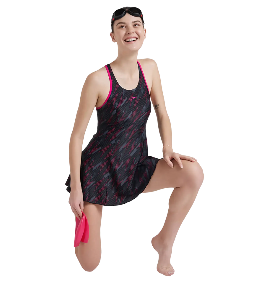 Women's Endurance 10 Hyperboom Printed Racerback Swimdress With Boyleg - Black & Electric Pink