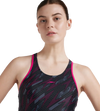 Women's Endurance 10 Hyperboom Printed Racerback Swimdress With Boyleg - Black & Electric Pink