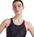 Women's Endurance 10 Hyperboom Printed Racerback Swimdress With Boyleg - Black & Electric Pink