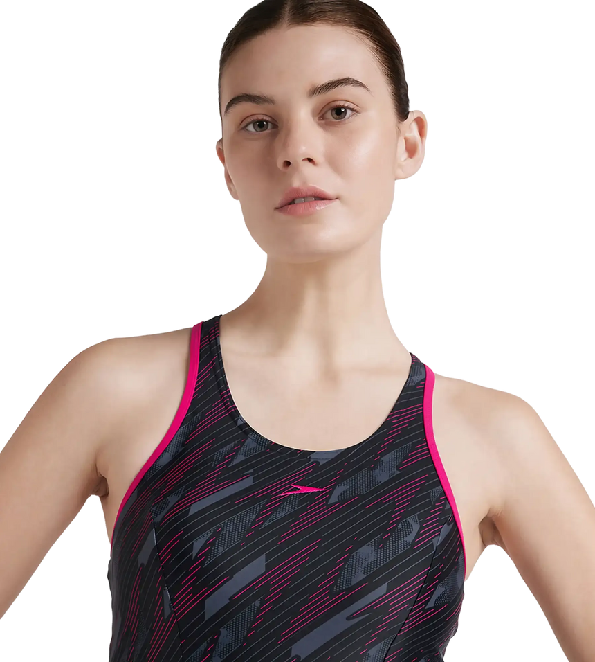 Women's Endurance 10 Hyperboom Printed Racerback Swimdress With Boyleg - Black & Electric Pink