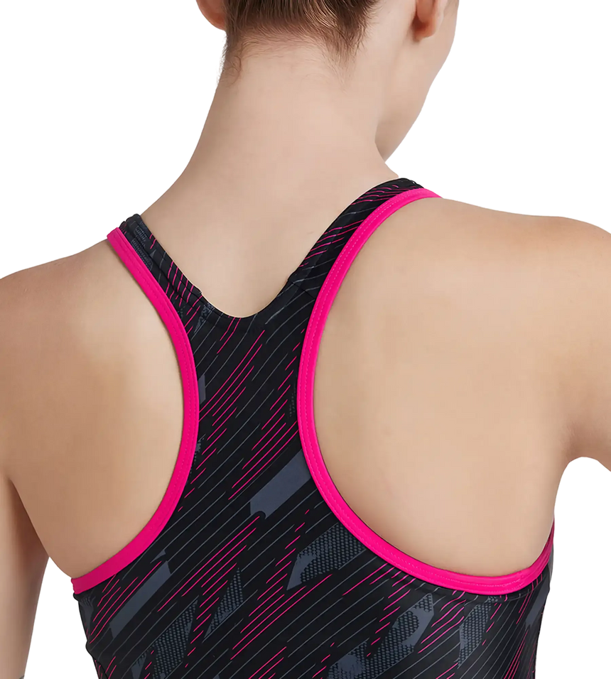 Women's Endurance 10 Hyperboom Printed Racerback Swimdress With Boyleg - Black & Electric Pink