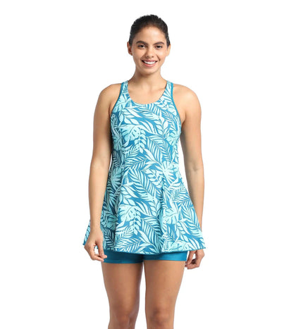 Women's Endurance Racerback Printed Swimdress With Boyleg - Peacock & Marine Blue_6