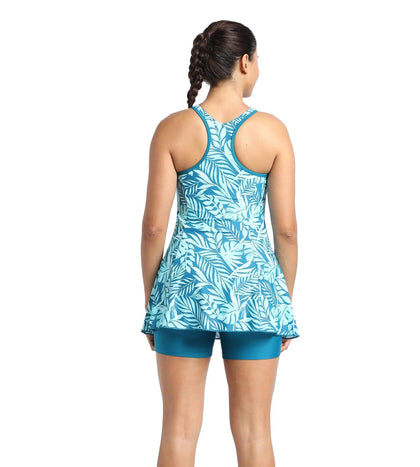 Women's Endurance Racerback Printed Swimdress With Boyleg - Peacock & Marine Blue_4