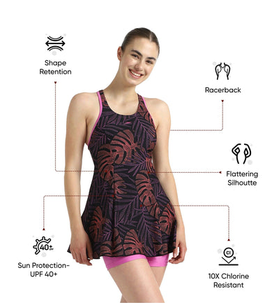 Women's Endurance10 Printed Racerback Swimdress With Boyleg - Antracite, Amber Wave & Neon Violet