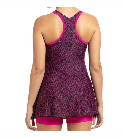 Women's Endurance10 Boomstar Printed Swimdress With Boyleg - Black & Electric Pink_4