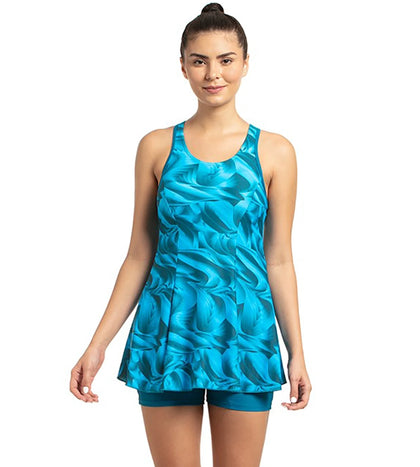 Women's Endurance10 Printed Swimdress With Boyleg - Nordic Teal & Powder Blue_1