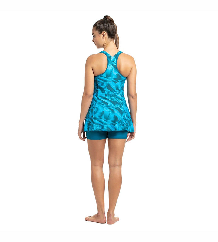 Women's Endurance10 Printed Swimdress With Boyleg - Nordic Teal & Powder Blue_6