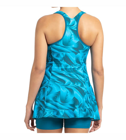 Women's Endurance10 Printed Swimdress With Boyleg - Nordic Teal & Powder Blue_4