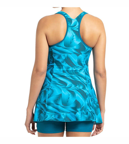 Women's Endurance10 Printed Swimdress With Boyleg - Nordic Teal & Powder Blue_4