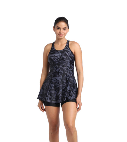 Women's Endurance Hyperboom Printed Racerback Swimdress With Boyleg - Black & Oxid Grey_2