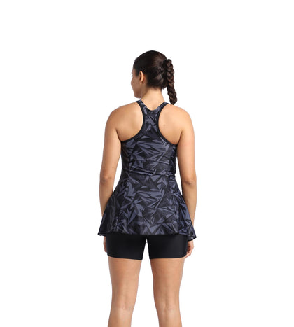 Women's Endurance Hyperboom Printed Racerback Swimdress With Boyleg - Black & Oxid Grey_4