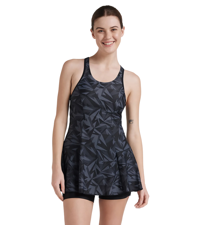 Women's Endurance 10 Hyperboom Printed Racerback Swimdress With Boyleg - Black & Oxid Grey