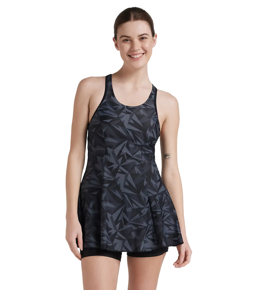 Women's Endurance 10 Hyperboom Printed Racerback Swimdress With Boyleg - Black & Oxid Grey