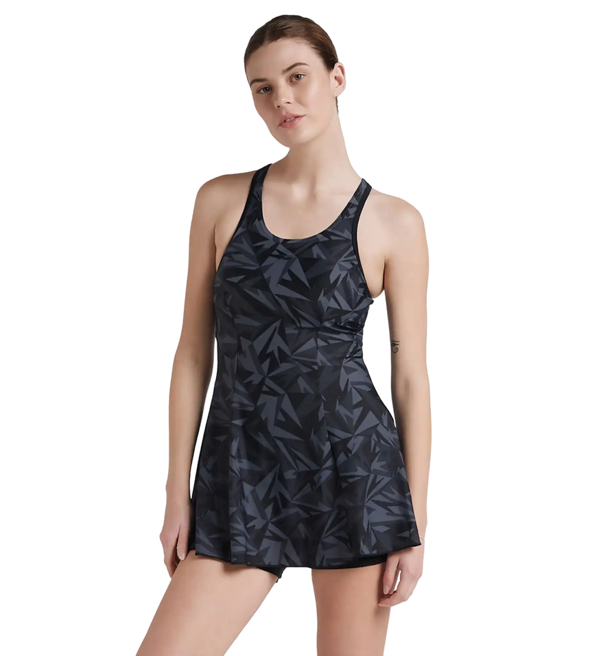 Women's Endurance 10 Hyperboom Printed Racerback Swimdress With Boyleg - Black & Oxid Grey