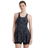 Women's Endurance 10 Hyperboom Printed Racerback Swimdress With Boyleg - Black & Oxid Grey
