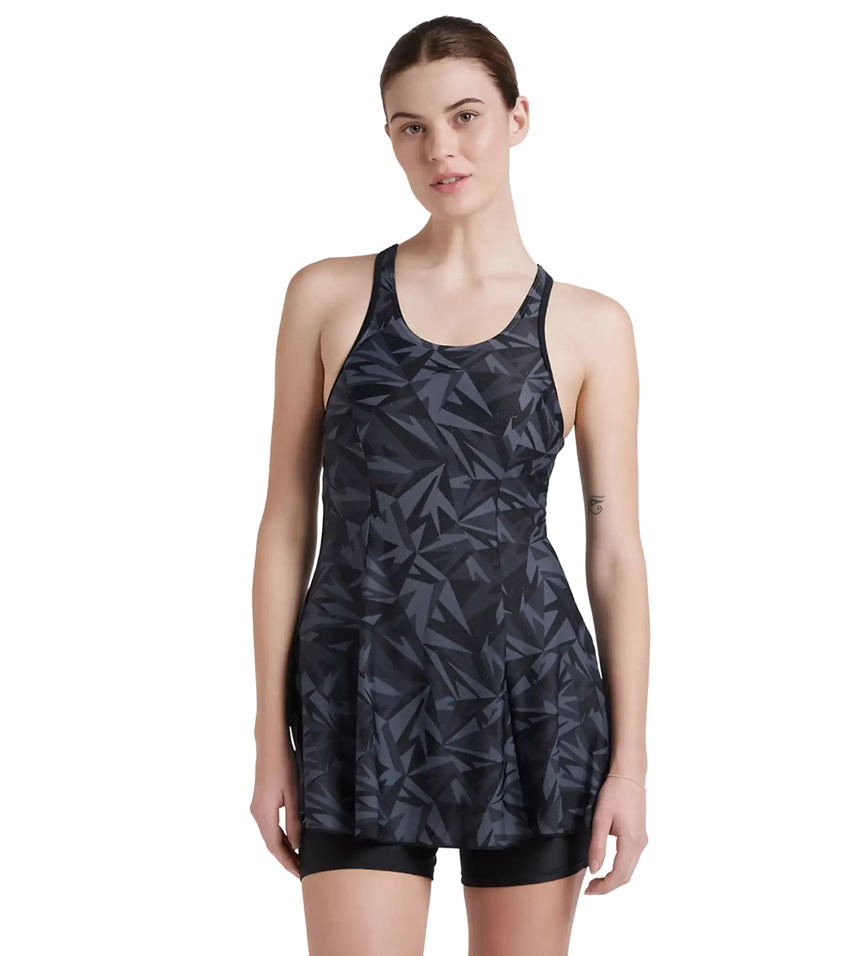 Women's Endurance 10 Hyperboom Printed Racerback Swimdress With Boyleg - Black & Oxid Grey